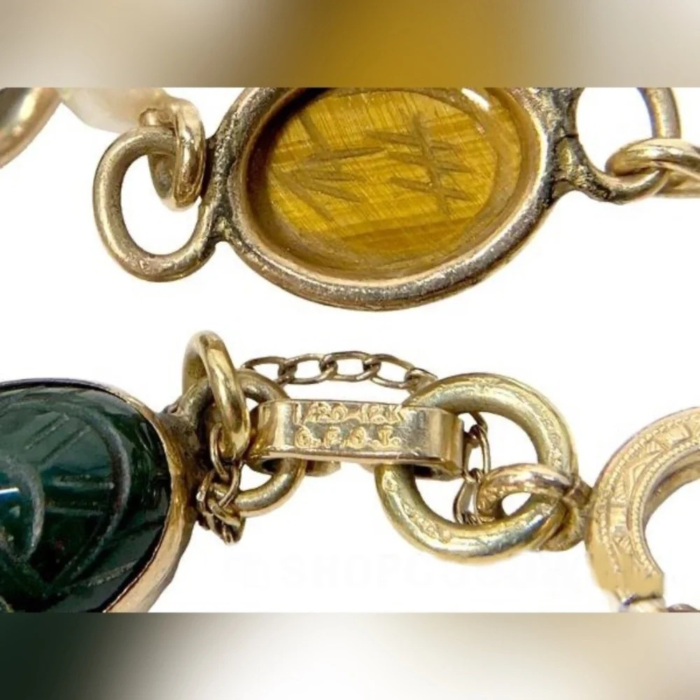 Vintage 12k Gold Filled Carved Gemstone Scarab & Cultured Pearl Bracelet 7" - Picture 5 of 6